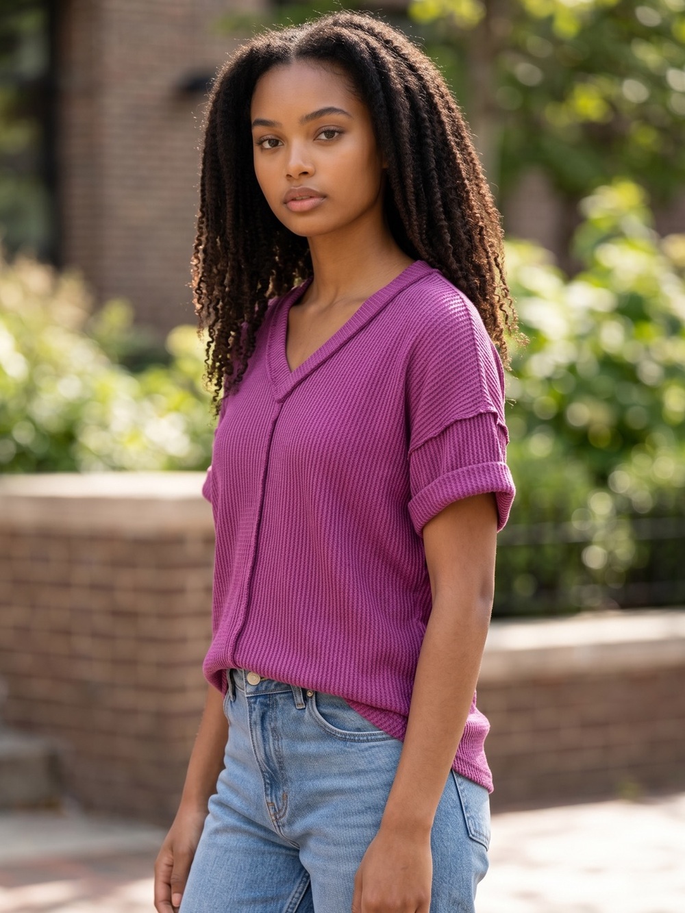 Lovely Melody V-Neck Short Sleeve Top in Raspberry
